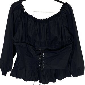 Spoon Jeans Blouse Corset Tie Peplum Elastic Boat Neck Womens 2X Black